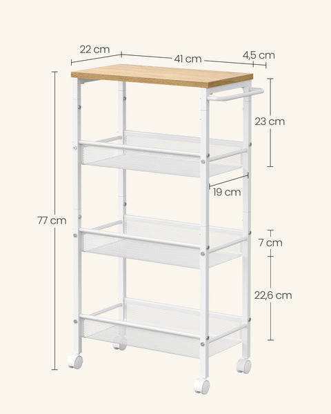 Rootz Oak White Chipboard Steel Trolley - Rolling Cart - Storage Organizer - Lightweight - Compact Design - Easy Assembly - 22cm x 45.5cm x 77cm