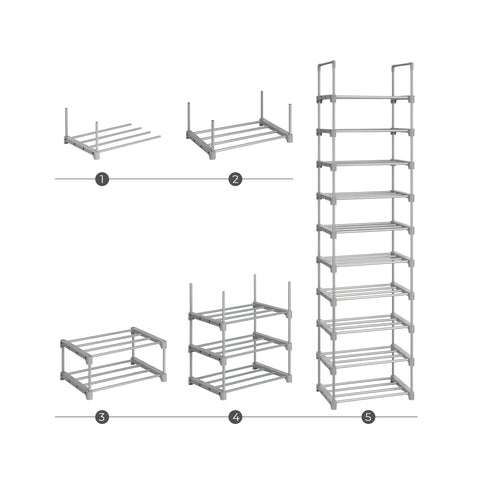 Rootz 10-Shelf Shoe Rack Organizer - Shoe Storage - Shoe Stand - Metal Tubes - DIY Design - Space-Saving - 45cm x 30cm x 174cm
