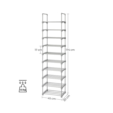 Rootz 10-Shelf Shoe Rack Organizer - Shoe Storage - Shoe Stand - Metal Tubes - DIY Design - Space-Saving - 45cm x 30cm x 174cm