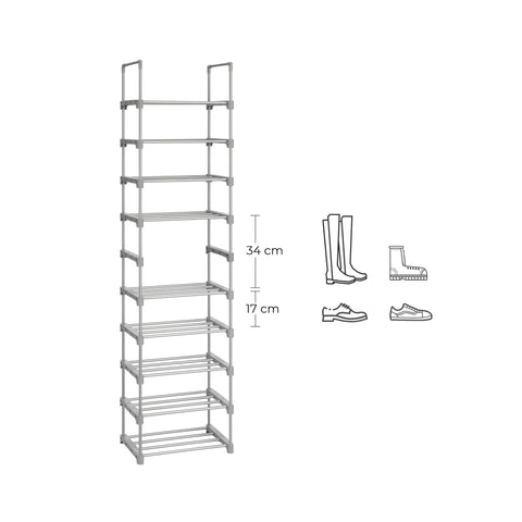 Rootz 10-Shelf Shoe Rack Organizer - Shoe Storage - Shoe Stand - Metal Tubes - DIY Design - Space-Saving - 45cm x 30cm x 174cm