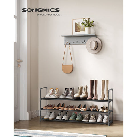 Rootz 3 Tier Shoe Rack - Shoe Organizer - Shoe Storage - Metal Pipes and Plastic Connectors - 30cm x 116cm x 55cm - Black - Lightweight - Easy Assembly - Space Saving