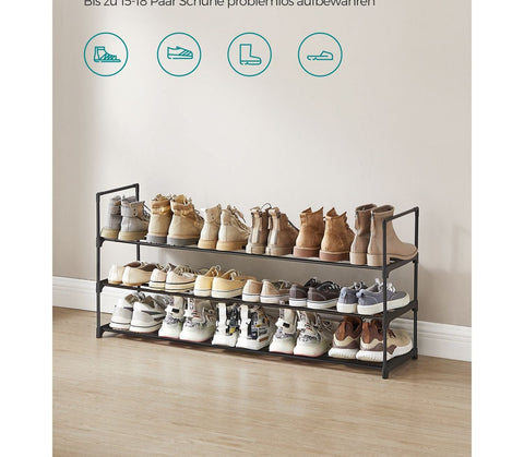 Rootz 3 Tier Shoe Rack - Stackable Shoe Organizer - Metal Shoe Shelf - Black - 30cm x 116cm x 55cm - Lightweight - Easy Assembly