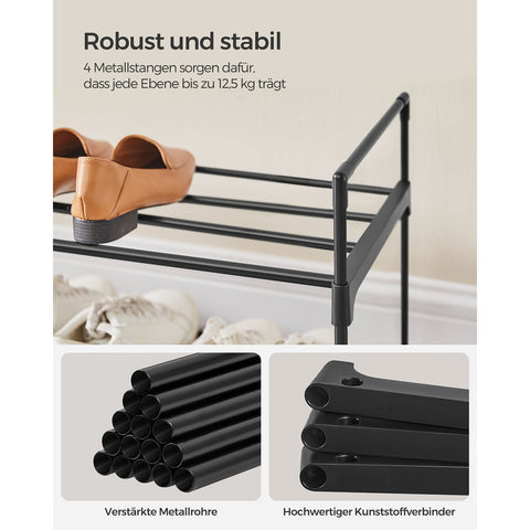 Rootz 3 Tier Shoe Rack - Shoe Organizer - Shoe Storage - Metal Pipes and Plastic Connectors - 30cm x 116cm x 55cm - Black - Lightweight - Easy Assembly - Space Saving
