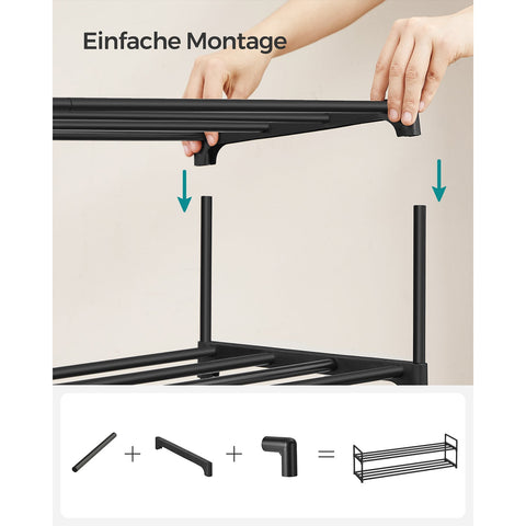 Rootz 3 Tier Shoe Rack - Shoe Organizer - Shoe Storage - Metal Pipes and Plastic Connectors - 30cm x 116cm x 55cm - Black - Lightweight - Easy Assembly - Space Saving