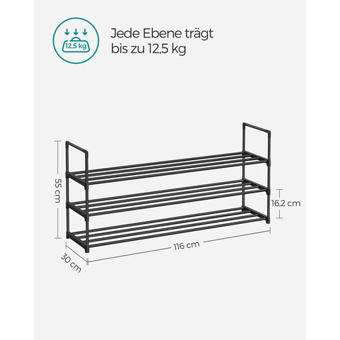 Rootz 3 Tier Shoe Rack - Shoe Organizer - Shoe Storage - Metal Pipes and Plastic Connectors - 30cm x 116cm x 55cm - Black - Lightweight - Easy Assembly - Space Saving