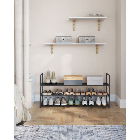 Rootz 3 Tier Shoe Rack - Stackable Shoe Organizer - Metal Shoe Shelf - Black - 30cm x 116cm x 55cm - Lightweight - Easy Assembly