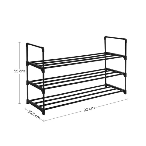 Rootz 3 Tier Shoe Rack - Metal Shoe Organizer - Shoe Storage Stand - High Quality - Large Storage Space - Simplicity - 92cm x 30.5cm x 55cm