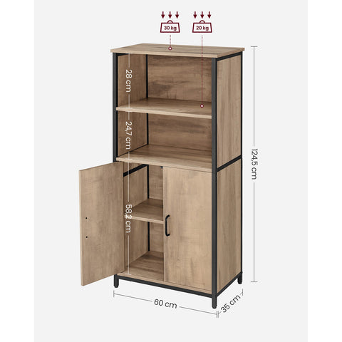 Rootz Oak Brown-Black Storage Cabinet - Chipboard Steel - Large Organizer - Adjustable Shelves - 35cm x 60cm x 124.5cm
