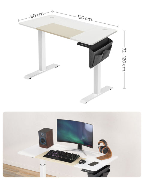 Rootz Electric Standing Desk - White Standing Table - Adjustable Height Desk - Chipboard Steel Desk - 60cm x 120cm x (72-120)cm - Max Load 80kg