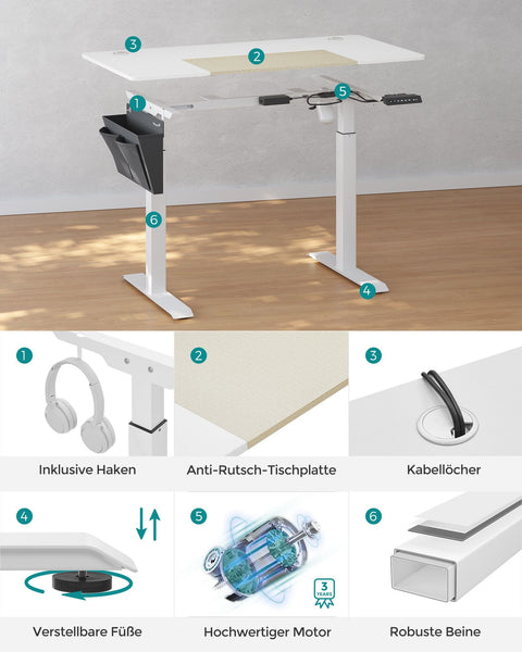 Rootz Electric Standing Desk - White Standing Table - Adjustable Height Desk - Chipboard Steel Desk - 60cm x 120cm x (72-120)cm - Max Load 80kg