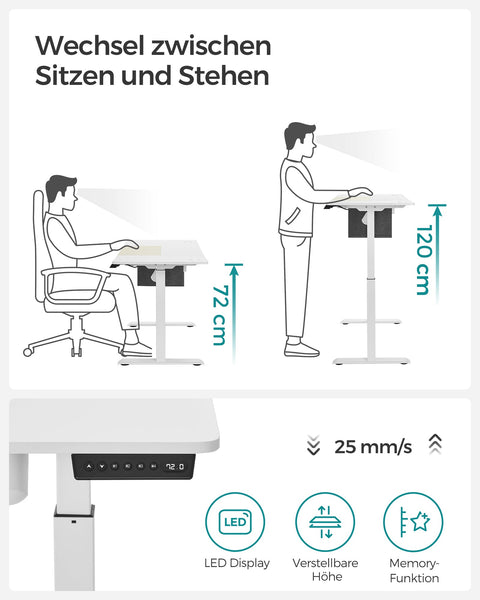 Rootz Electric Standing Desk - White Standing Table - Adjustable Desk - Chipboard Steel Desk - 60cm x 140cm x (72-120)cm - Overheat Protection - Max Load 80kg
