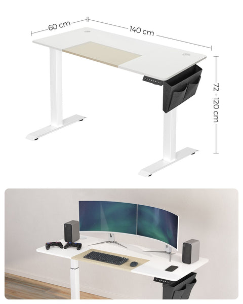 Rootz Electric Standing Desk - White Standing Table - Adjustable Desk - Chipboard Steel Desk - 60cm x 140cm x (72-120)cm - Overheat Protection - Max Load 80kg