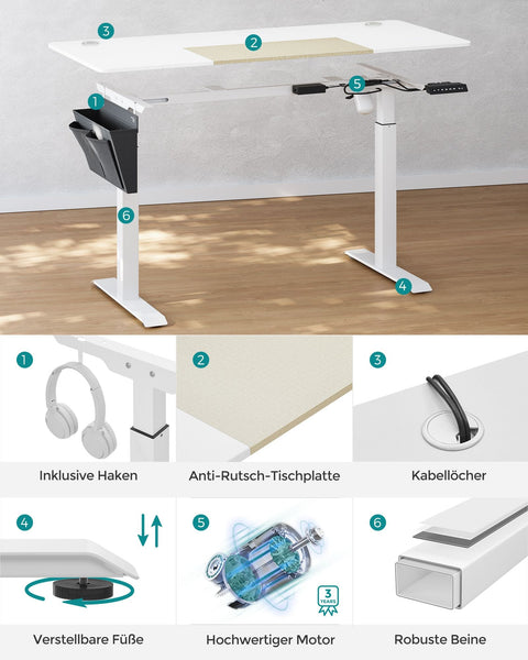 Rootz Electric Standing Desk - White Standing Table - Adjustable Desk - Chipboard Steel Desk - 60cm x 140cm x (72-120)cm - Overheat Protection - Max Load 80kg