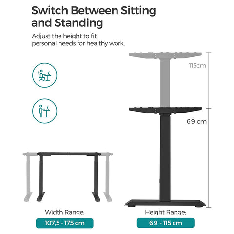 Rootz Electric Height Adjustable Table Stand - Standing Desk - Sit Stand Desk - Steel Construction - Spine Relief - Calorie Burn - Posture Change - 60cm x (107.5-175)cm x (69-115)cm