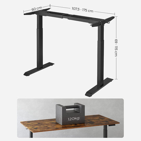 Rootz Electric Height Adjustable Table Stand - Standing Desk - Sit Stand Desk - Steel Construction - Spine Relief - Calorie Burn - Posture Change - 60cm x (107.5-175)cm x (69-115)cm