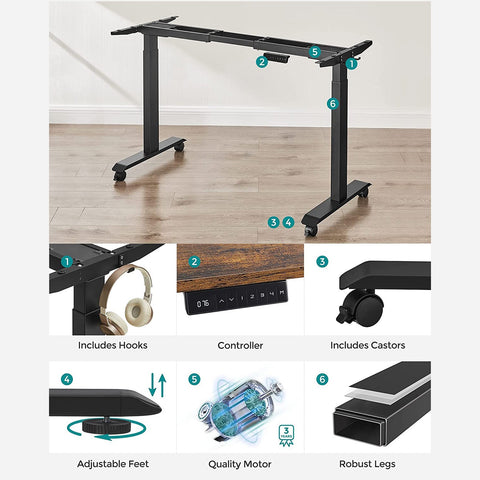 Rootz Electric Height Adjustable Table Stand - Standing Desk - Sit Stand Desk - Steel Construction - Spine Relief - Calorie Burn - Posture Change - 60cm x (107.5-175)cm x (69-115)cm