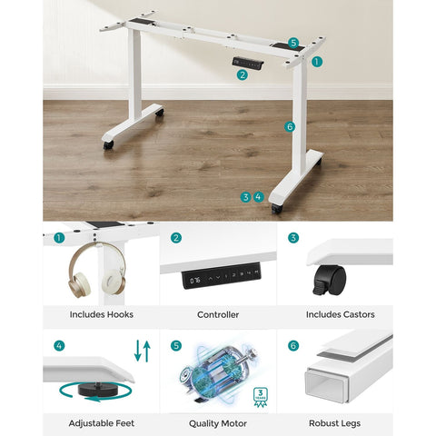 Rootz Electric Standing Desk - White Steel Standing Desk - Adjustable Height Desk - Quiet Motor - 60cm x (107.5-175)cm x (69-115)cm - Max Load 120kg