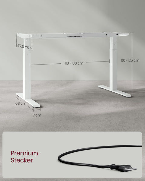 Rootz Electric Standing Desk - White Steel Frame - Adjustable Height Desk - Quiet Operation - Fast Adjustment - 68cm x (110-180)cm x (60-125)cm - Max Load 100kg