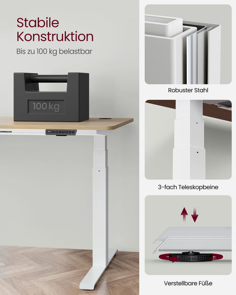 Rootz Electric Standing Desk - White Steel Frame - Adjustable Height Desk - Quiet Operation - Fast Adjustment - 68cm x (110-180)cm x (60-125)cm - Max Load 100kg