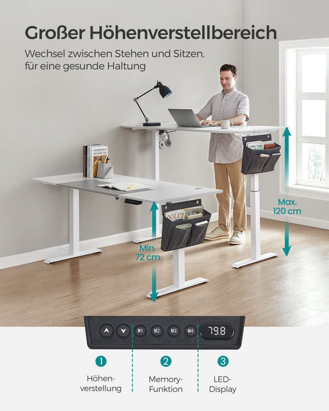 Rootz Electric Standing Desk - Adjustable Desk - Sit Stand Desk - Chipboard Steel Frame - Non-Woven Fabric - 70cm x 160cm x (72-120)cm - White-Dove Gray - 31.2kg - 80kg Max Load