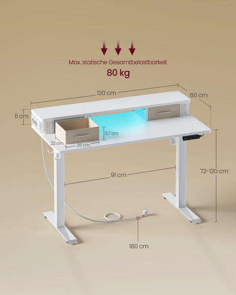 Rootz Cloud White Desk - Study Table - Writing Desk - Particle Board - Steel Frame - Oxford Cloth - Adjustable Height - Spacious Surface - Easy Assembly - 60cm x 120cm x (72-120)cm