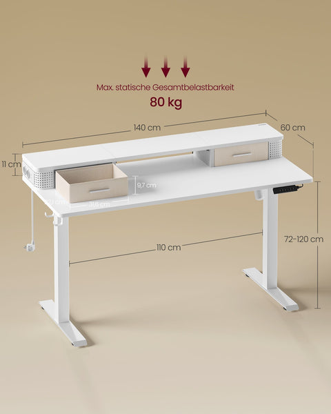 Rootz Cloud White Desk - Study Table - Writing Desk - Particle Board - Steel Frame - Oxford Cloth - Adjustable Height - Storage Hooks - Easy Assembly - 60cm x 140cm x (72-120)cm