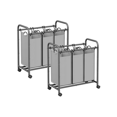 Rootz 2 Pack Laundry Sorter - Gray Clothes Hamper - Rolling Laundry Cart - Steel Frame - 77cm x 41cm x 81.5cm