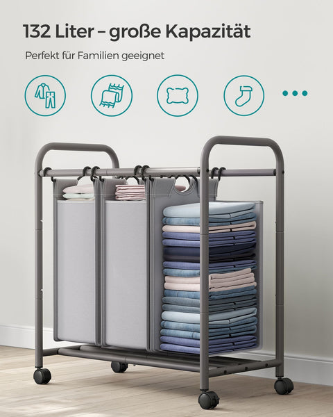 Rootz 2 Pack Laundry Sorter - Gray Clothes Hamper - Rolling Laundry Cart - Steel Frame - 77cm x 41cm x 81.5cm