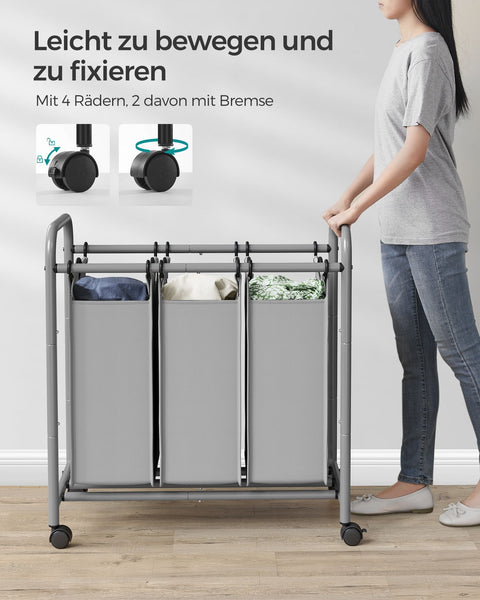 Rootz 2 Pack Laundry Sorter - Gray Clothes Hamper - Rolling Laundry Cart - Steel Frame - 77cm x 41cm x 81.5cm