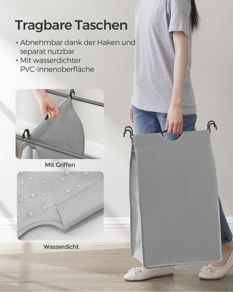 Rootz 2 Pack Laundry Sorter - Gray Clothes Hamper - Rolling Laundry Cart - Steel Frame - 77cm x 41cm x 81.5cm
