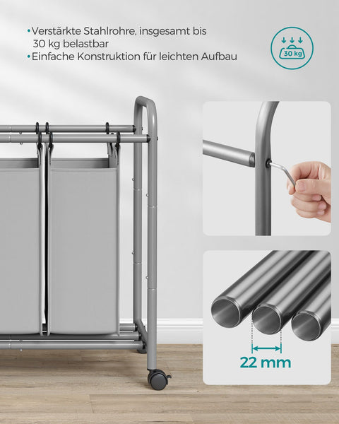 Rootz 2 Pack Laundry Sorter - Gray Clothes Hamper - Rolling Laundry Cart - Steel Frame - 77cm x 41cm x 81.5cm