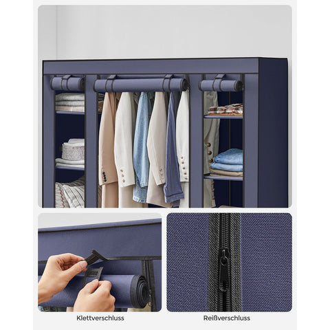 Rootz Navy Blue Fabric Cabinet - Wardrobe Organizer - Storage Unit - Non-Woven Fabric - Metal Tube - PP Plastic Connector - Large Size - Lightweight - Easy Assembly - 45cm x 150cm x 175cm