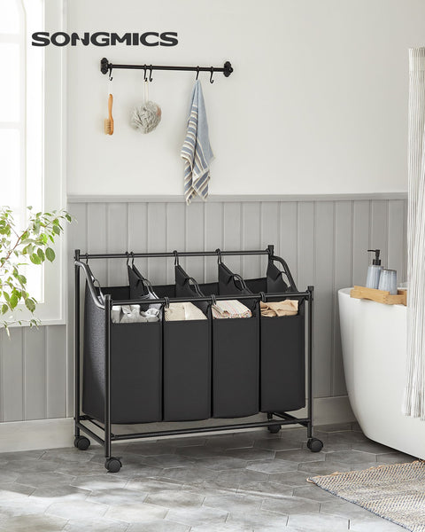 Rootz Laundry Hamper Cart - Rolling Laundry Cart - Laundry Sorter - Sturdy Metal Frame - Durable 600D Polyester Fabric - 4 Wheels - 4 Compartments - Space Saving Design - 67cm x 87.5cm x 38.5cm