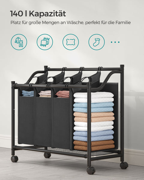 Rootz Laundry Hamper Cart - Rolling Laundry Cart - Laundry Sorter - Sturdy Metal Frame - Durable 600D Polyester Fabric - 4 Wheels - 4 Compartments - Space Saving Design - 67cm x 87.5cm x 38.5cm