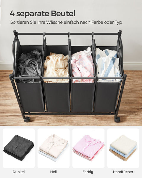 Rootz Laundry Hamper Cart - Rolling Laundry Cart - Laundry Sorter - Sturdy Metal Frame - Durable 600D Polyester Fabric - 4 Wheels - 4 Compartments - Space Saving Design - 67cm x 87.5cm x 38.5cm