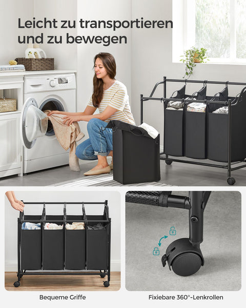 Rootz Laundry Hamper Cart - Rolling Laundry Cart - Laundry Sorter - Sturdy Metal Frame - Durable 600D Polyester Fabric - 4 Wheels - 4 Compartments - Space Saving Design - 67cm x 87.5cm x 38.5cm