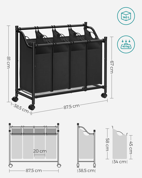 Rootz Laundry Hamper Cart - Rolling Laundry Cart - Laundry Sorter - Sturdy Metal Frame - Durable 600D Polyester Fabric - 4 Wheels - 4 Compartments - Space Saving Design - 67cm x 87.5cm x 38.5cm