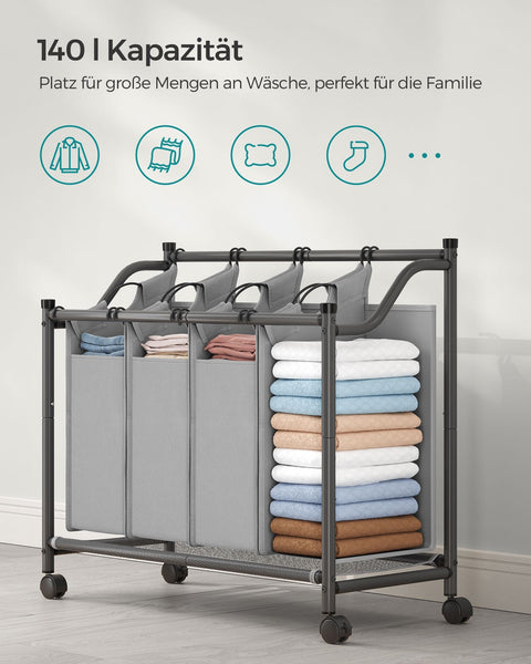 Rootz Laundry Trolley - Laundry Cart - Clothes Hamper - High Quality - Quick Laundry Collection - Sorting Bags - 87.5cm x 38.5cm x (67-81)cm