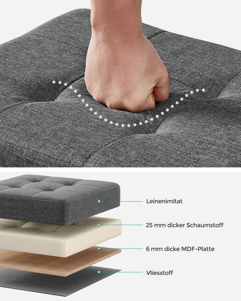 Rootz Storage Ottoman - Footstool - Upholstered Stool - Imitation Linen - Foam Padding - MDF Frame - Dark Gray - 32cm x 40cm x 33.5cm - 29L Capacity