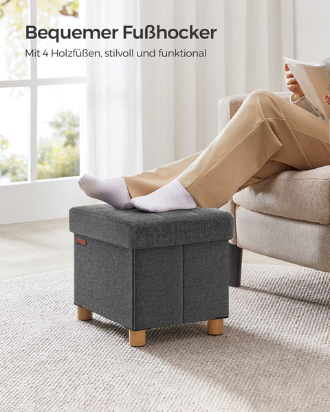Rootz Storage Ottoman - Footstool - Upholstered Stool - Imitation Linen - Foam Padding - MDF Frame - Dark Gray - 32cm x 40cm x 33.5cm - 29L Capacity