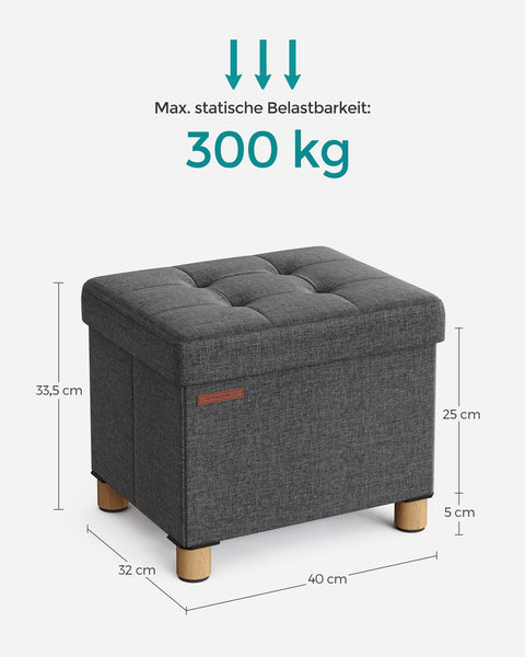 Rootz Storage Ottoman - Footstool - Upholstered Stool - Imitation Linen - Foam Padding - MDF Frame - Dark Gray - 32cm x 40cm x 33.5cm - 29L Capacity