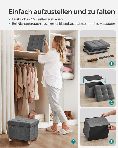 Rootz Storage Ottoman - Footstool - Upholstered Stool - Imitation Linen - Foam Padding - MDF Frame - Dark Gray - 32cm x 40cm x 33.5cm - 29L Capacity