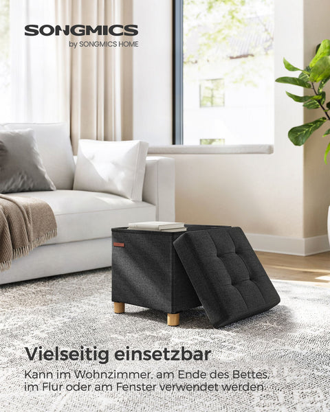 Rootz Black Seat Chest Ottoman - Storage Bench - Footrest - Imitation Linen - Foam Padding - MDF Construction - 38cm x 38cm x 40cm - 37 Liter Capacity