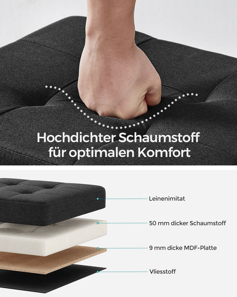 Rootz Seat Chest Storage Ottoman - Black Ottoman - Storage Bench - Imitation Linen - Foam Padding - MDF Construction - 38cm x 76cm x 40cm - 6.5kg - 300kg Capacity - 77L Storage Space