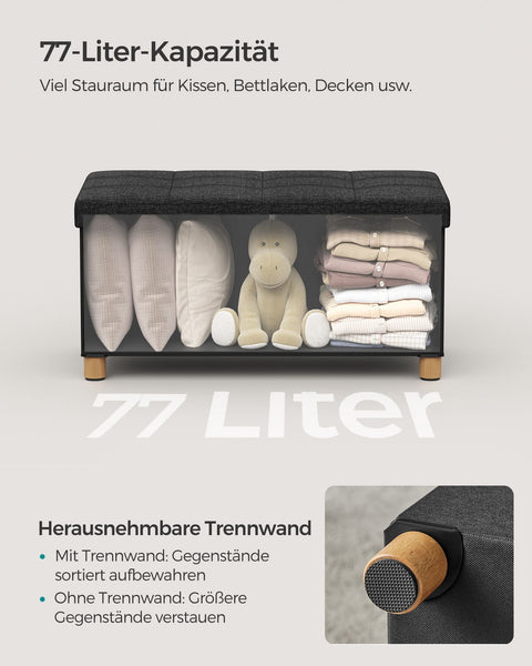 Rootz Seat Chest Storage Ottoman - Black Ottoman - Storage Bench - Imitation Linen - Foam Padding - MDF Construction - 38cm x 76cm x 40cm - 6.5kg - 300kg Capacity - 77L Storage Space