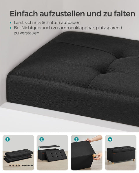 Rootz Seat Chest Storage Ottoman - Black Ottoman - Storage Bench - Imitation Linen - Foam Padding - MDF Construction - 38cm x 76cm x 40cm - 6.5kg - 300kg Capacity - 77L Storage Space