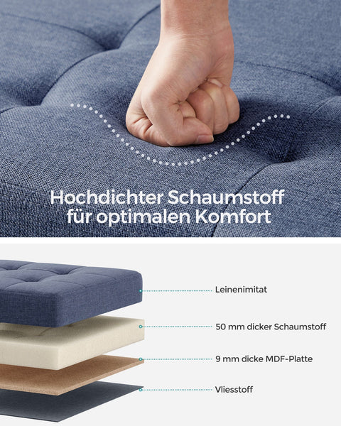 Rootz Seat Chest Storage Ottoman - Light Denim Blue - Linen Ottoman - Foam Padded Bench - MDF Storage Chest - 38cm x 76cm x 40cm - 77L Capacity - 300kg Load Capacity