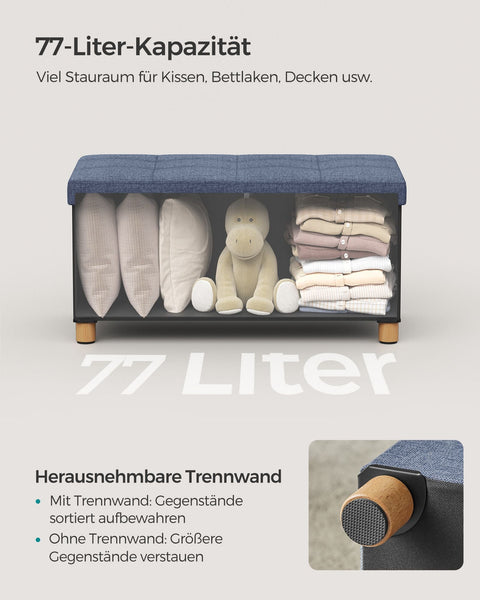 Rootz Seat Chest Storage Ottoman - Light Denim Blue - Linen Ottoman - Foam Padded Bench - MDF Storage Chest - 38cm x 76cm x 40cm - 77L Capacity - 300kg Load Capacity