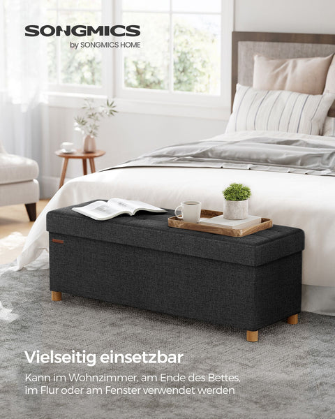 Rootz Seat Chest Storage Ottoman - Storage Bench - Upholstered Ottoman - Imitation Linen - Foam Padding - MDF Construction - 38cm x 110cm x 40cm - Ink Black - 112L Capacity - 300kg Load Capacity