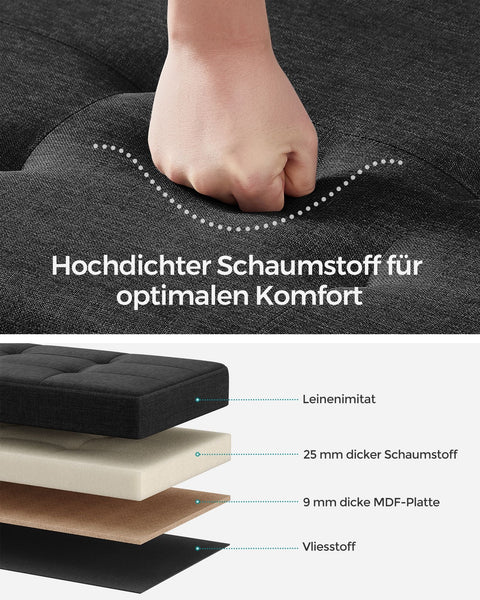 Rootz Seat Chest Storage Ottoman - Storage Bench - Upholstered Ottoman - Imitation Linen - Foam Padding - MDF Construction - 38cm x 110cm x 40cm - Ink Black - 112L Capacity - 300kg Load Capacity